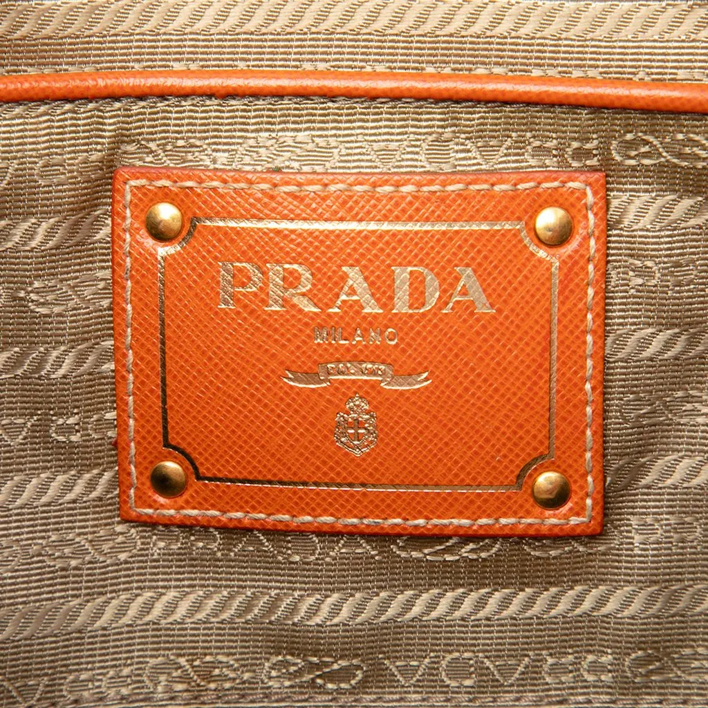 Prada Saffiano Trimmed Canvas Canapa Logo Satchel Brown Canvas Good - Box View