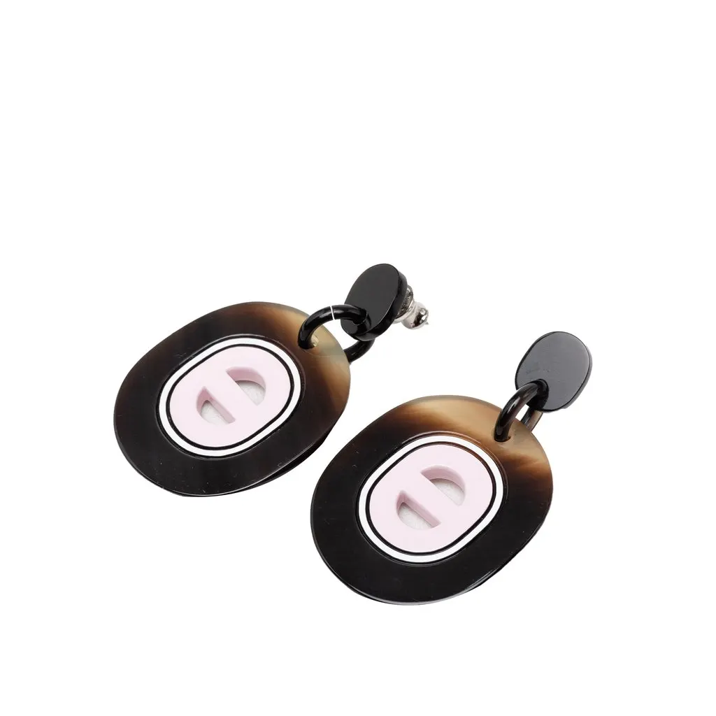 Hermès Buffalo Horn Lacquered and Palladium Plated Fidelio Village Drop Bullet Back Earrings Black Very good - Front View