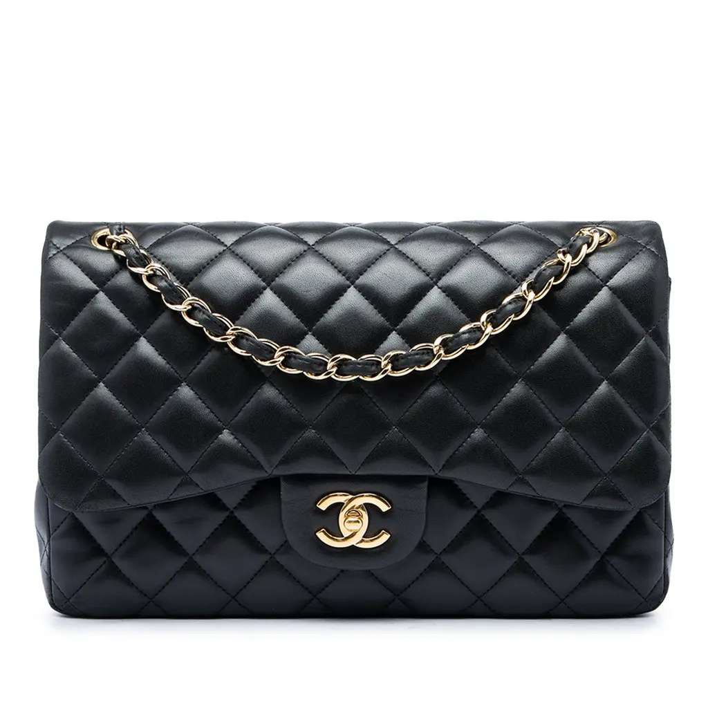 Chanel Jumbo Classic Lambskin Double Flap Black Leather Very good - Front View