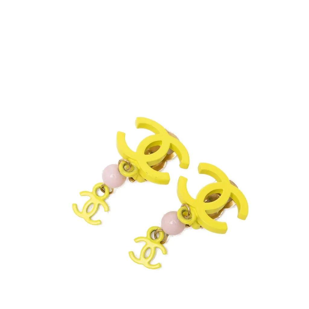 Chanel CC Resin Bead Drop Clip On Earrings Yellow Plastic Very good - Front View