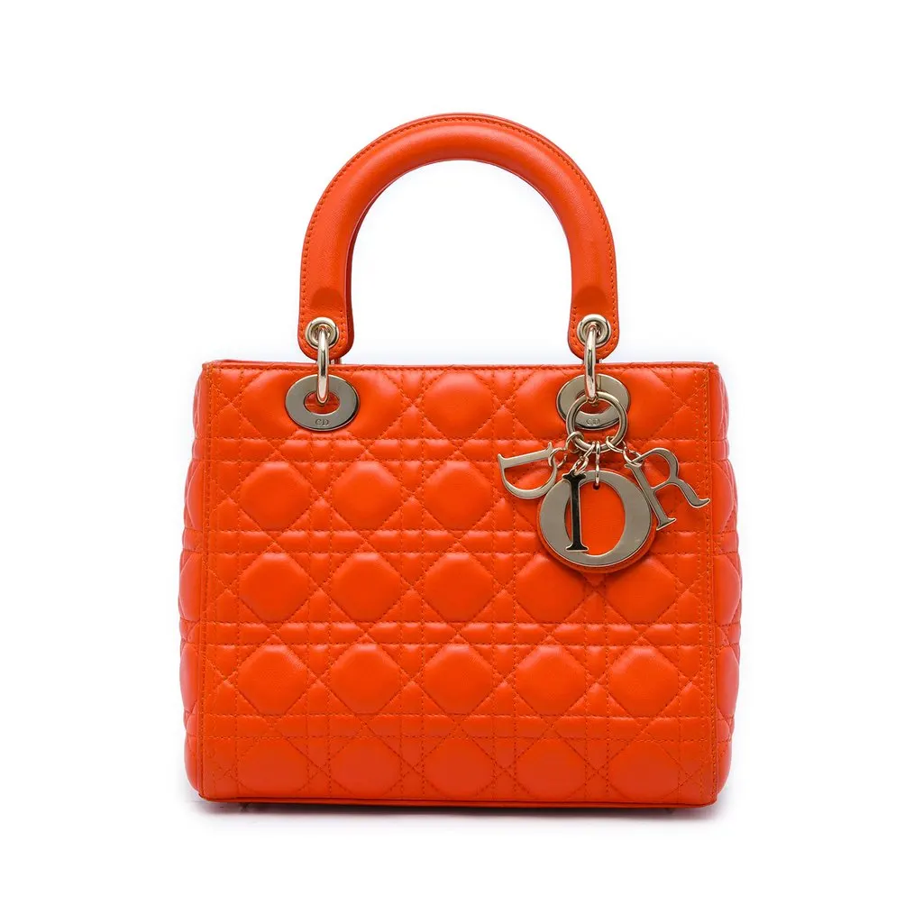 Dior Medium Lambskin Cannage Lady Dior Orange Leather Very good - Front View