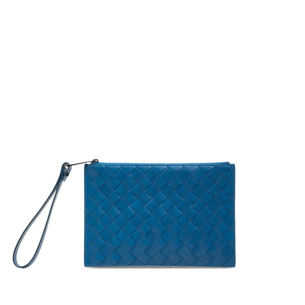 Bottega Veneta Nappa Intrecciato Flat Wristlet Pouch Blue Leather Very good - Front View