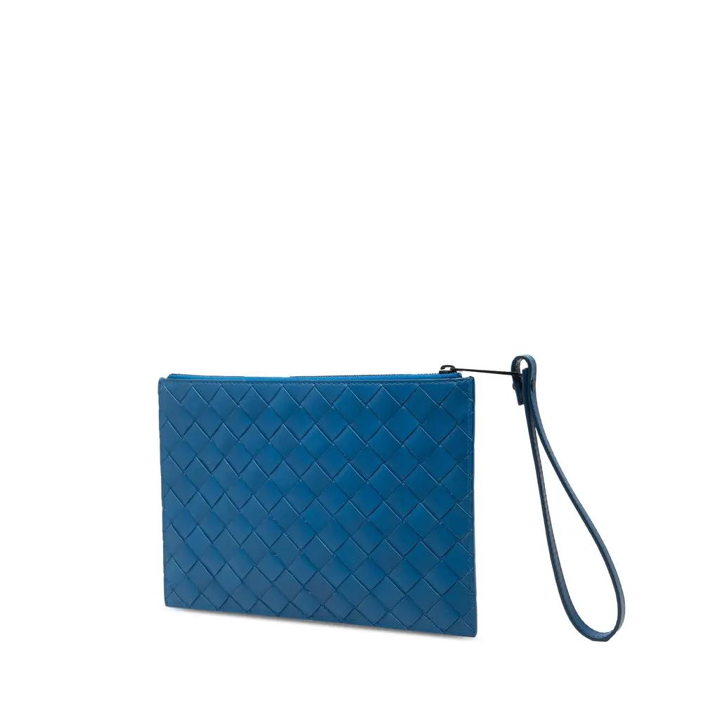 Bottega Veneta Nappa Intrecciato Flat Wristlet Pouch Blue Leather Very good - Back View
