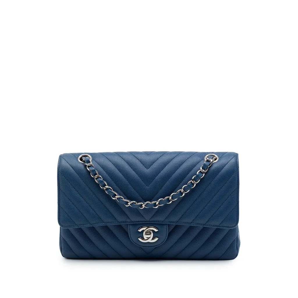 Chanel Medium Classic Chevron Caviar Double Flap Blue Leather Very good - Front View