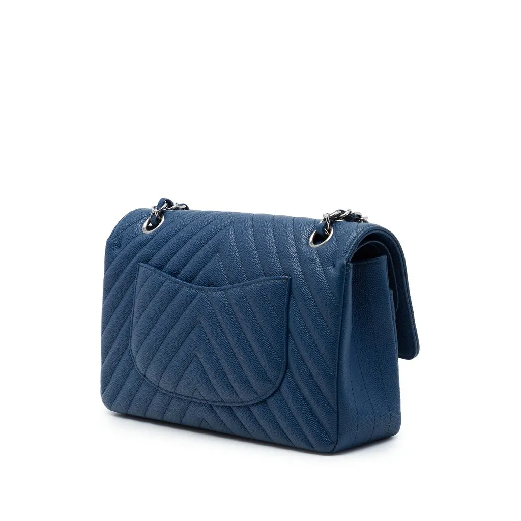 Chanel Medium Classic Chevron Caviar Double Flap Blue Leather Very good - Back View
