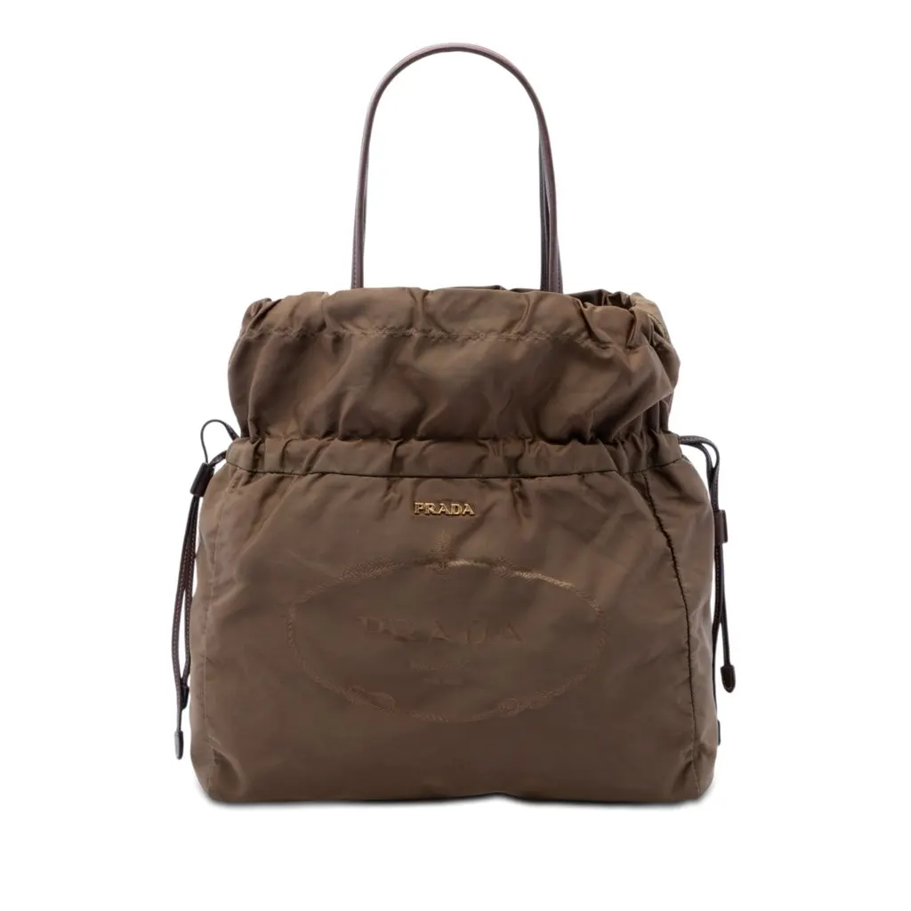 Prada Tessuto Logo Drawstring Tote Brown Very good - Front View
