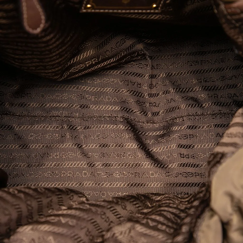 Prada Tessuto Logo Drawstring Tote Brown Very good - Model View