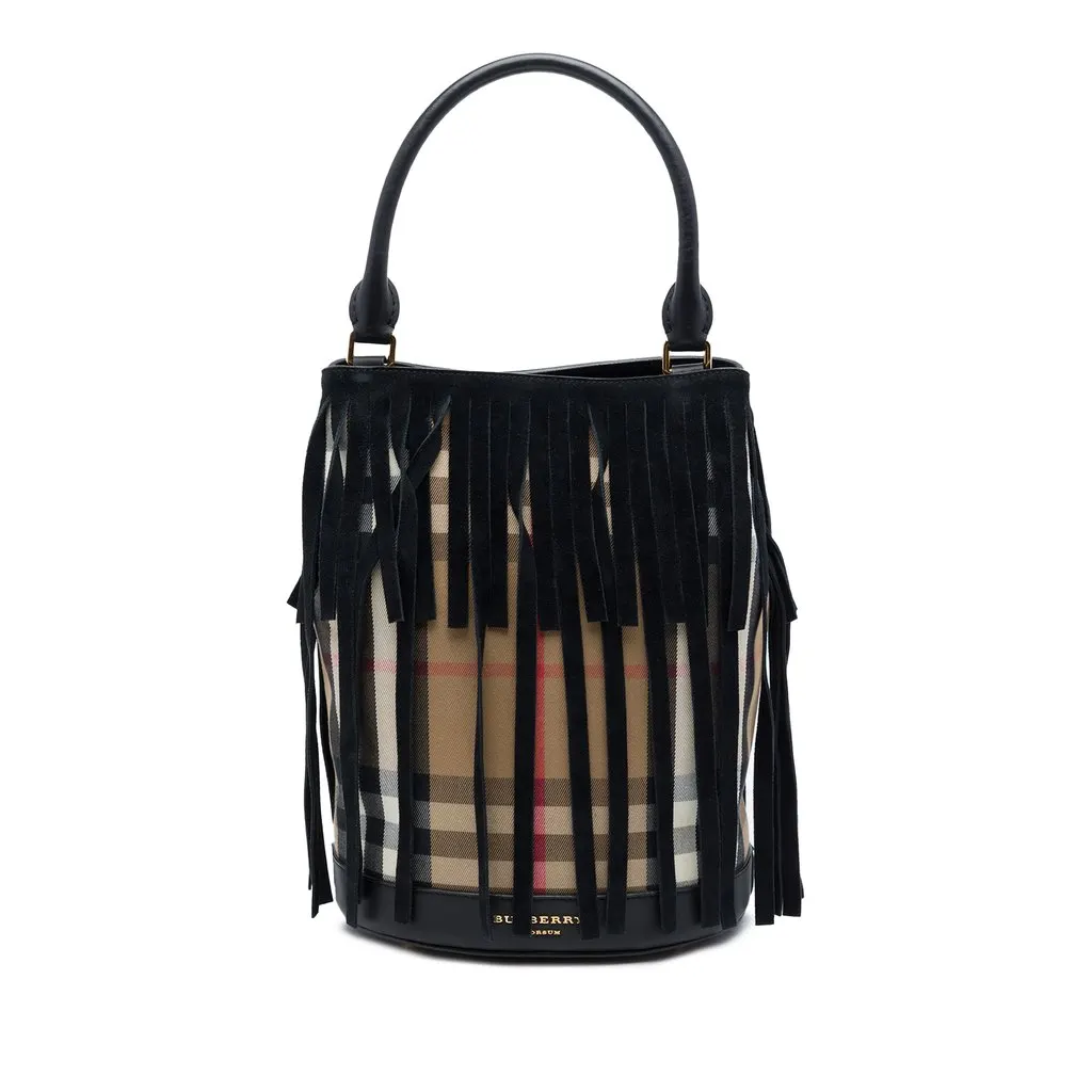 Burberry House Check Canvas and Suede Fringe Bucket Bag Black Canvas Good - Front View