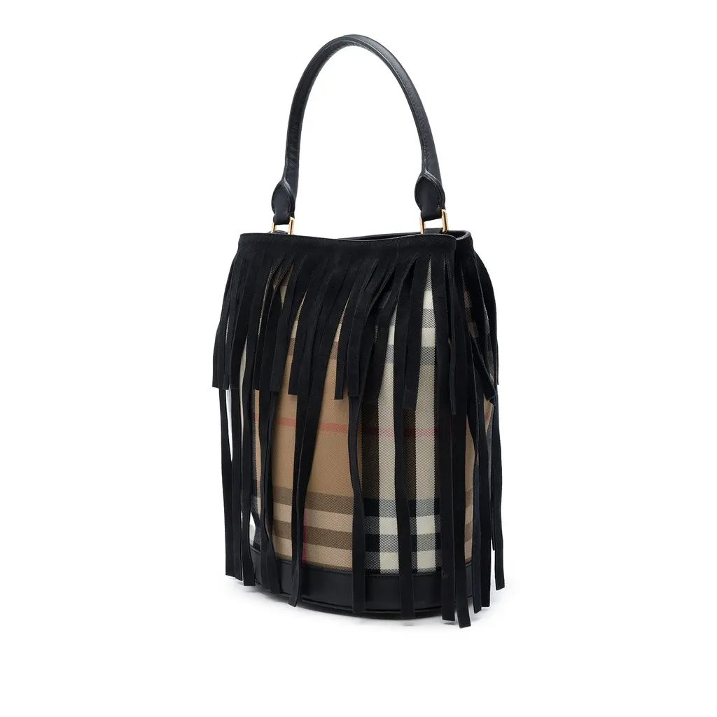 Burberry House Check Canvas and Suede Fringe Bucket Bag Black Canvas Good - Back View