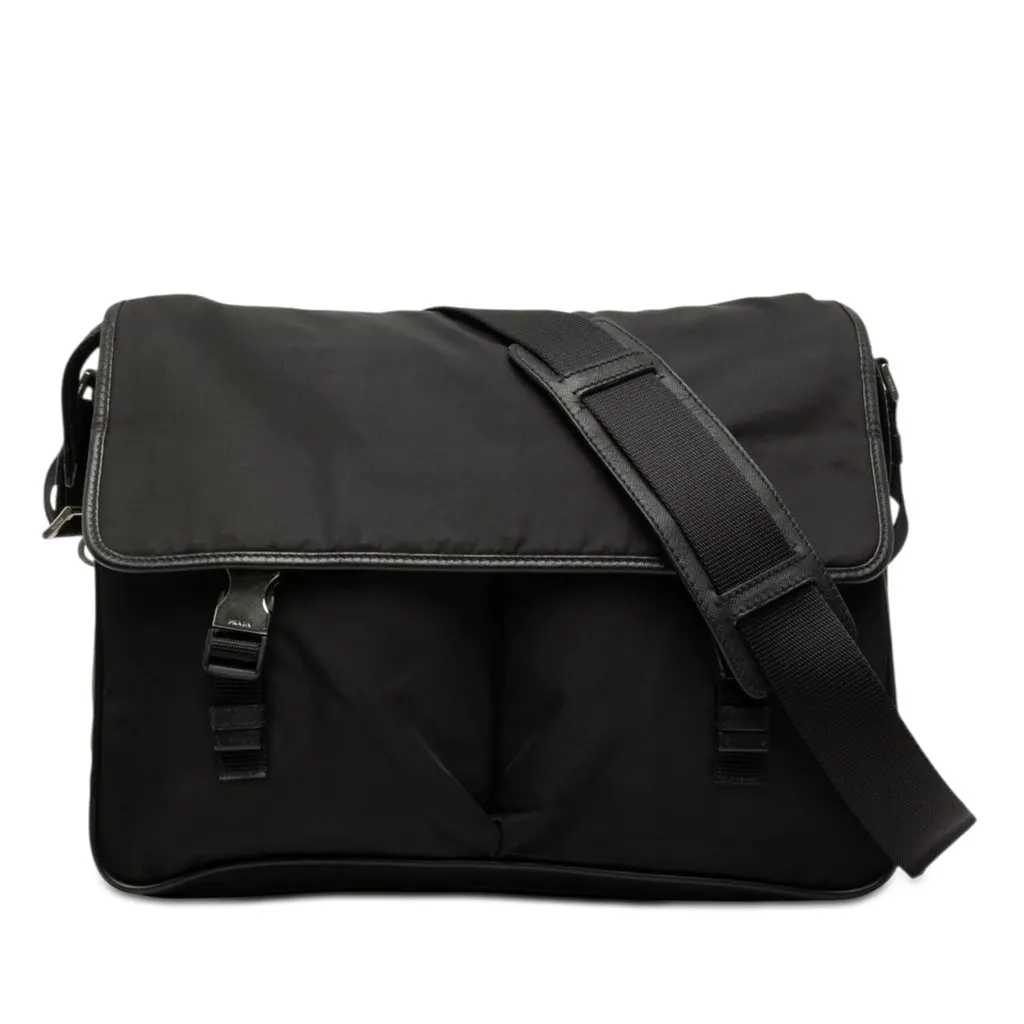 Prada Tessuto Double Buckle Messenger Bag Black Very good - Front View