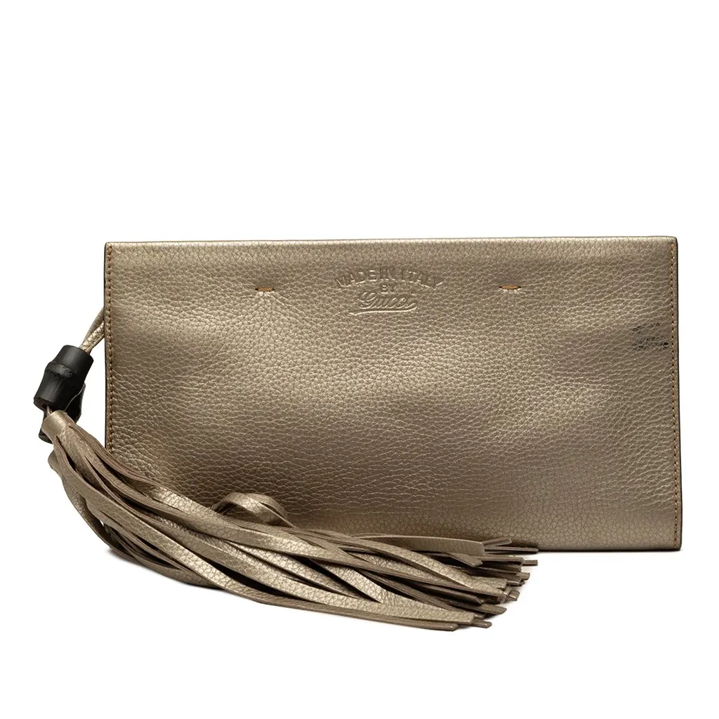 Gucci Metallic Calfskin Bamboo Tassel Clutch Brown Leather Very good - Front View
