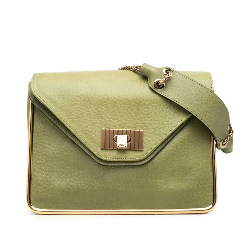 Chloé Medium Pebbled Leather Sally Shoulder Bag Green Leather Very good - Front View