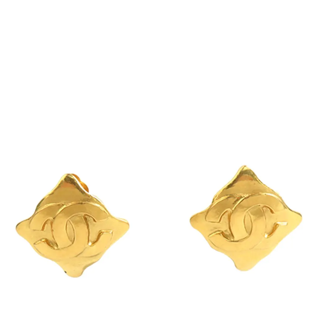 Chanel CC Gold Plated Rhombus Clip On Earrings Gold Metal Very good - Front View
