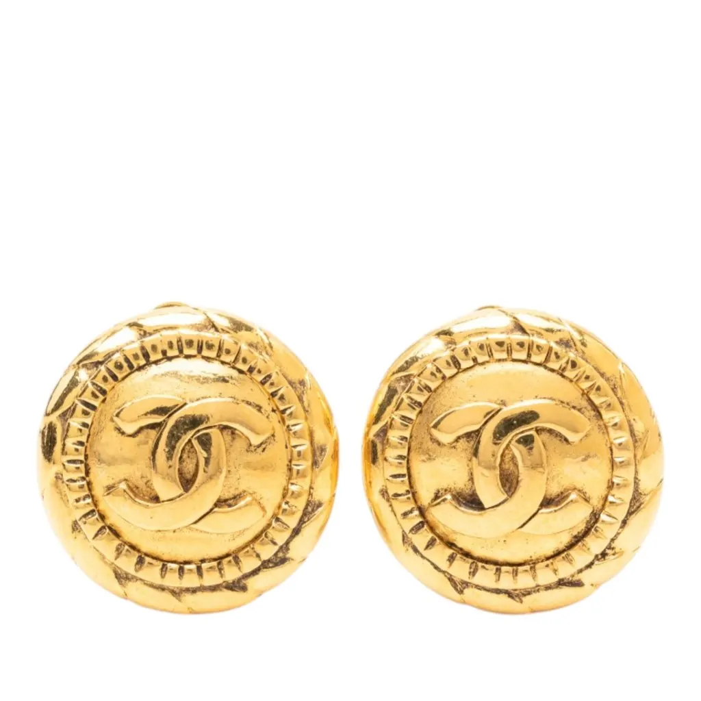 Chanel CC Gold Plated Round Clip On Earrings Gold Metal Very good - Front View