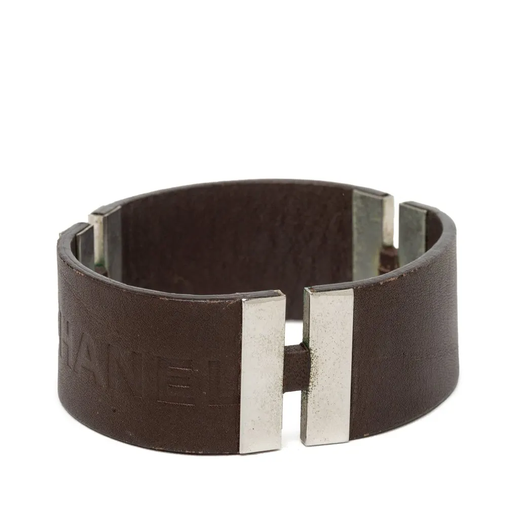Chanel Debossed Leather and Brass Logo Cuff Bracelet Brown Leather Good - Back View