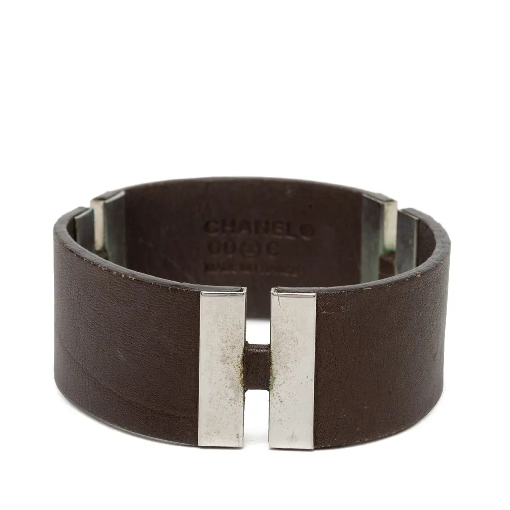 Chanel Debossed Leather and Brass Logo Cuff Bracelet Brown Leather Good - Inside View