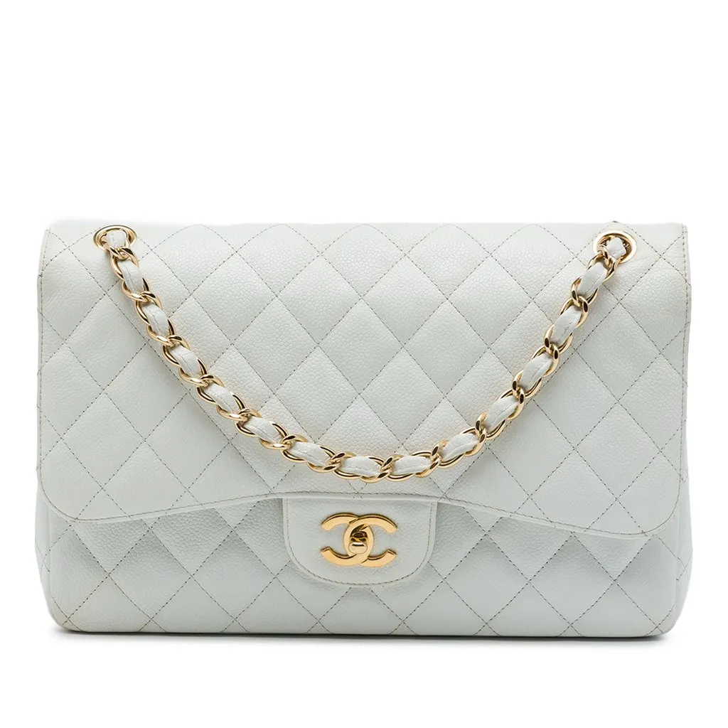 Chanel Jumbo Classic Caviar Double Flap White Leather Good - Front View