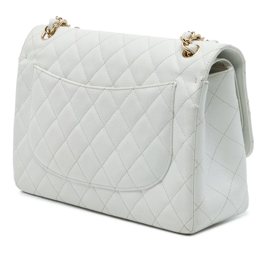 Chanel Jumbo Classic Caviar Double Flap White Leather Good - Back View