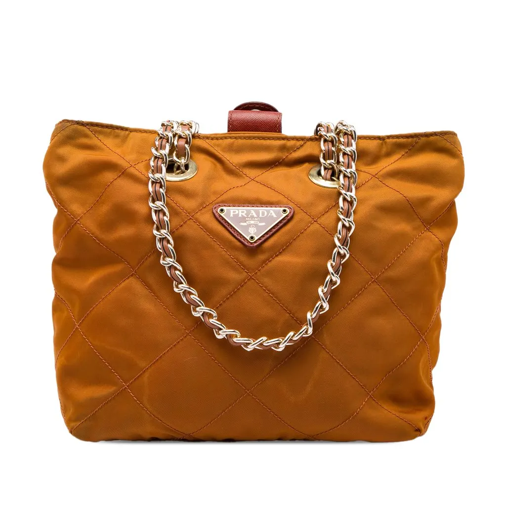 Prada Impuntu Tessuto Chain Tote Brown Polyamide Good - Front View