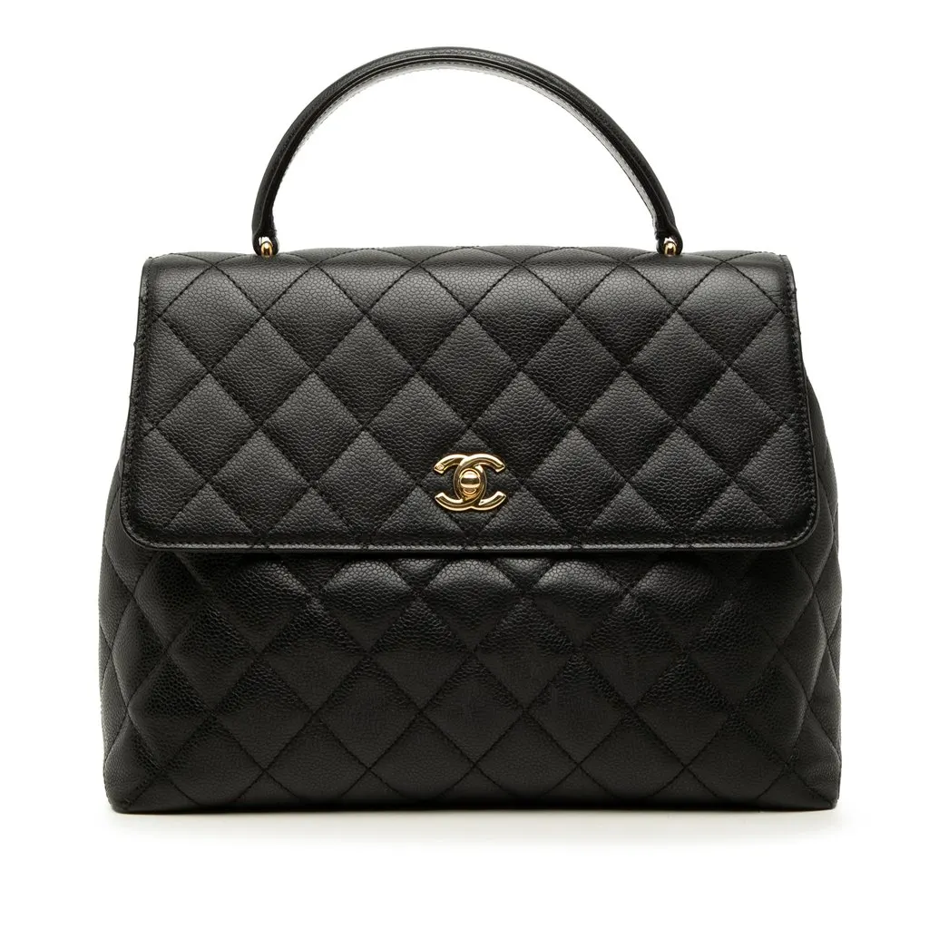 Chanel CC Quilted Caviar Kelly Top Handle Bag Black Leather Good - Front View