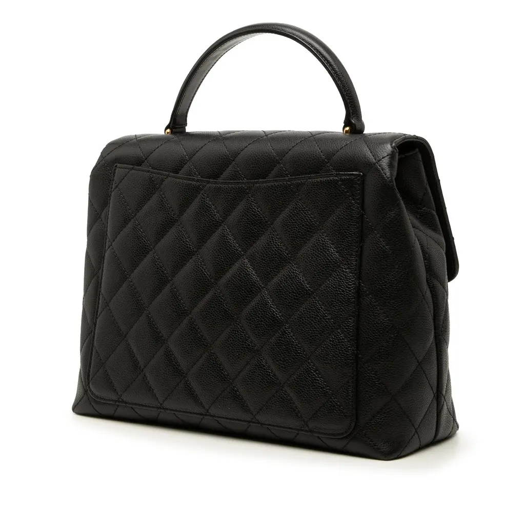 Chanel CC Quilted Caviar Kelly Top Handle Bag Black Leather Good - Back View