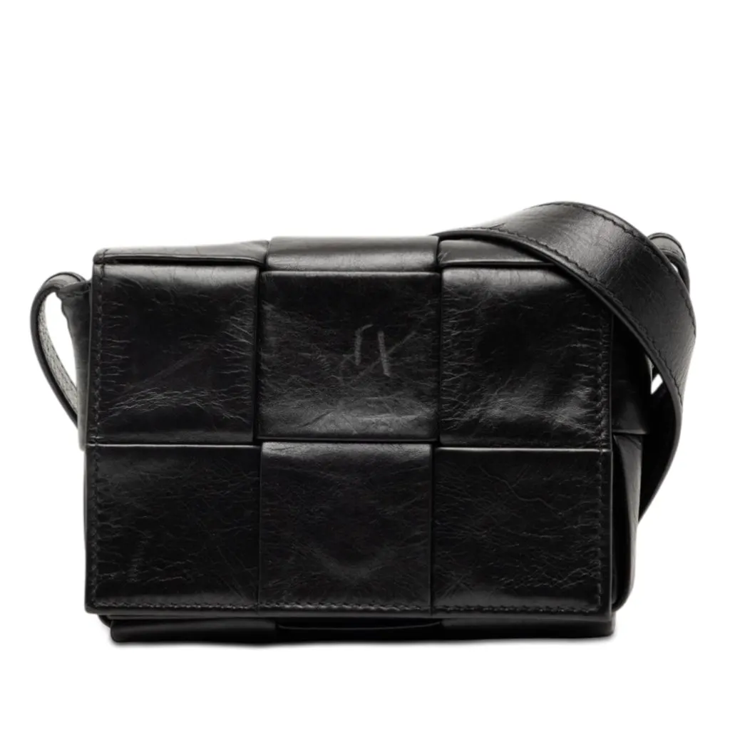 Bottega Veneta Candy Paper Calfskin Intrecciato Cassette Crossbody Black Leather Very good - Front View