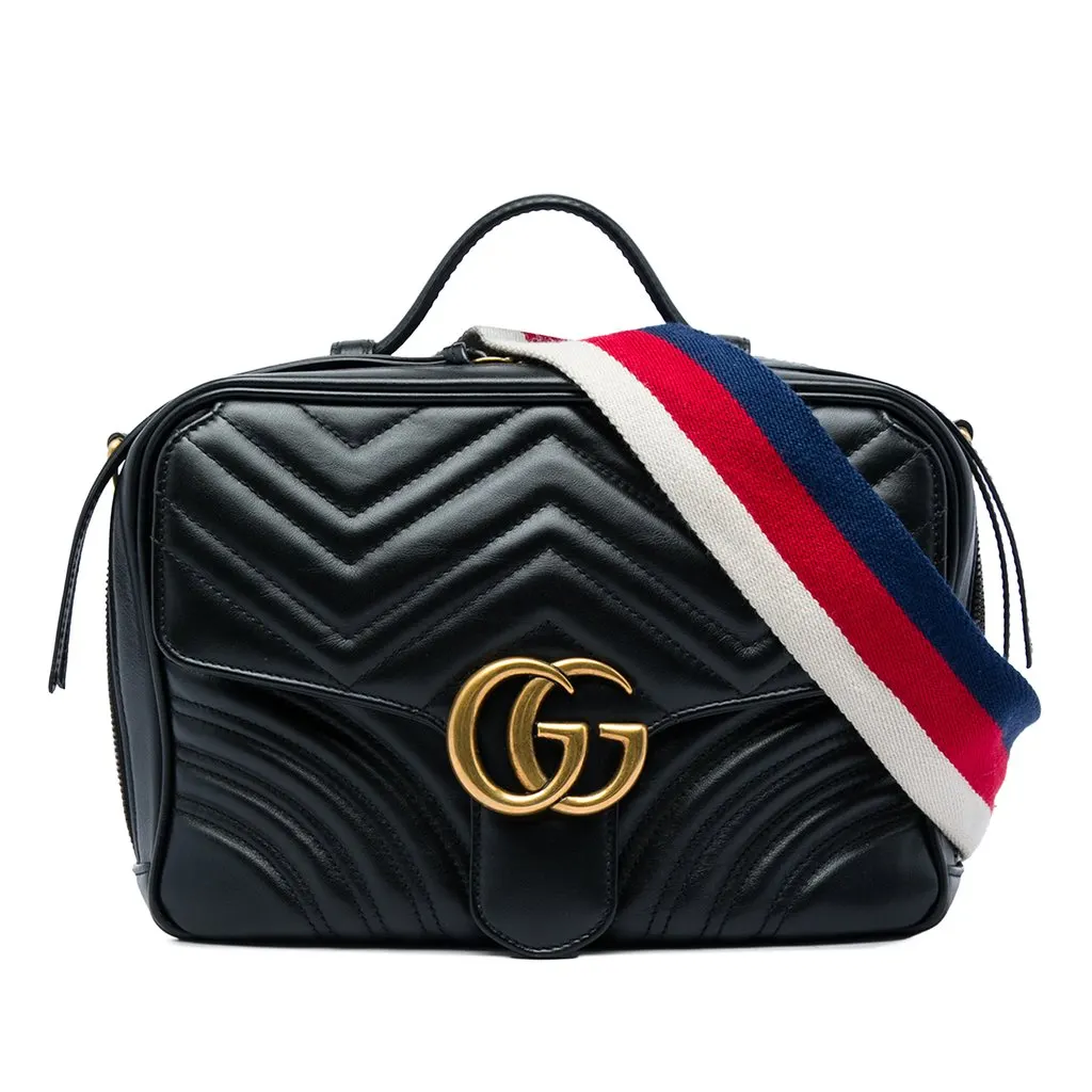 Gucci Small GG Marmont Matelasse Calfskin Top Handle Satchel Black Leather Very good - Front View