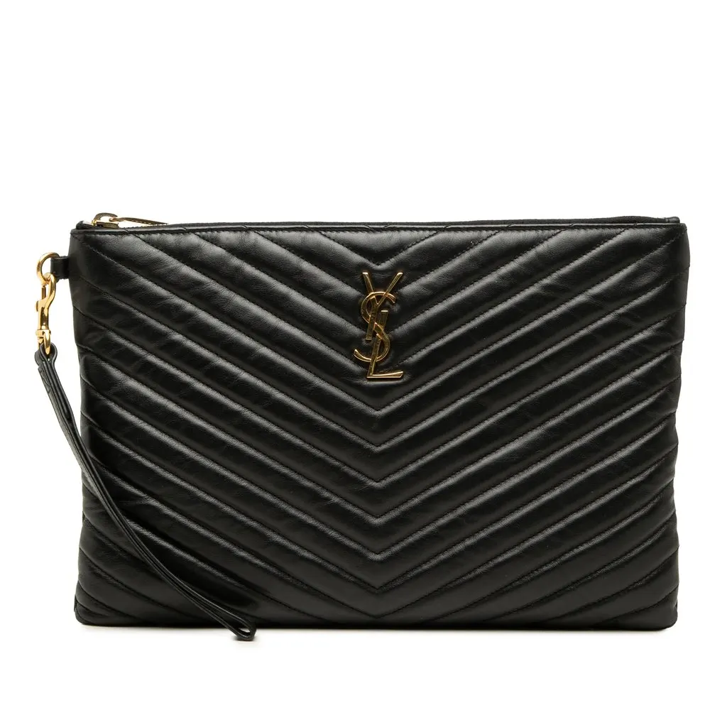 Saint Laurent Chevron Calfskin Monogram Tablet Pouch Black Leather Very good - Front View