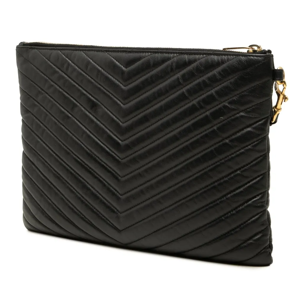 Saint Laurent Chevron Calfskin Monogram Tablet Pouch Black Leather Very good - Back View
