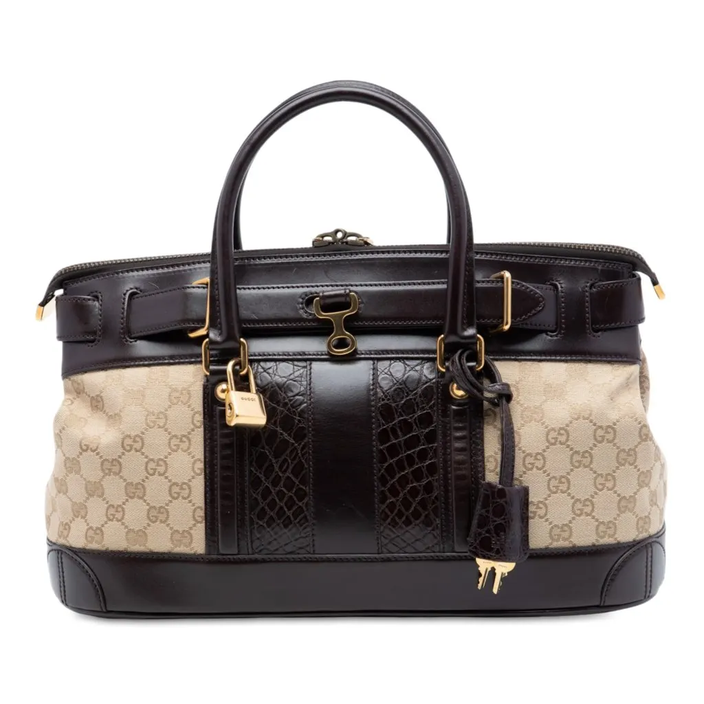Gucci GG Canvas and Crocodile Embossed Calfskin Secret Handbag Beige Very good - Front View