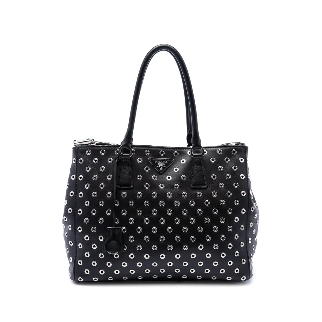 Prada Large City Calf Grommet Galleria Double Zip Satchel Black Leather Good - Front View
