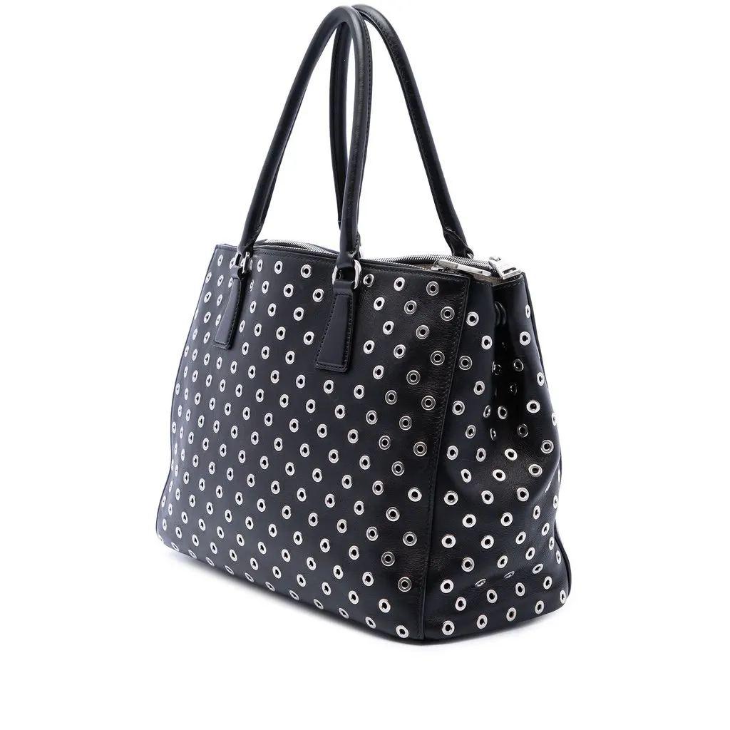 Prada Large City Calf Grommet Galleria Double Zip Satchel Black Leather Good - Back View