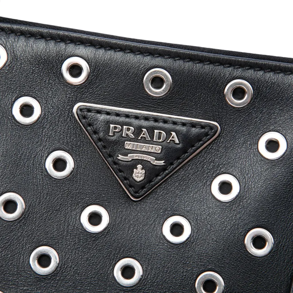 Prada Large City Calf Grommet Galleria Double Zip Satchel Black Leather Good - Model View