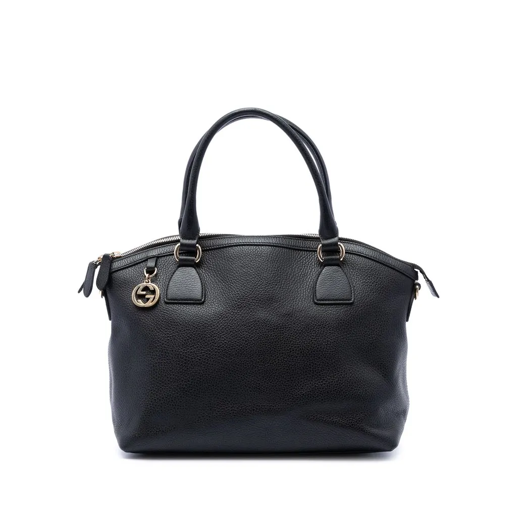 Gucci Medium Calfskin GG Charm Dome Satchel Black Leather Good - Front View