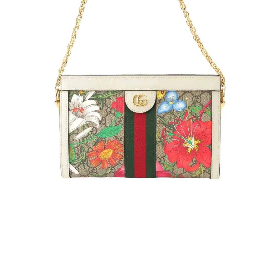 Gucci Small GG Supreme Flora Web Ophidia Chain Crossbody Beige Very good - Front View