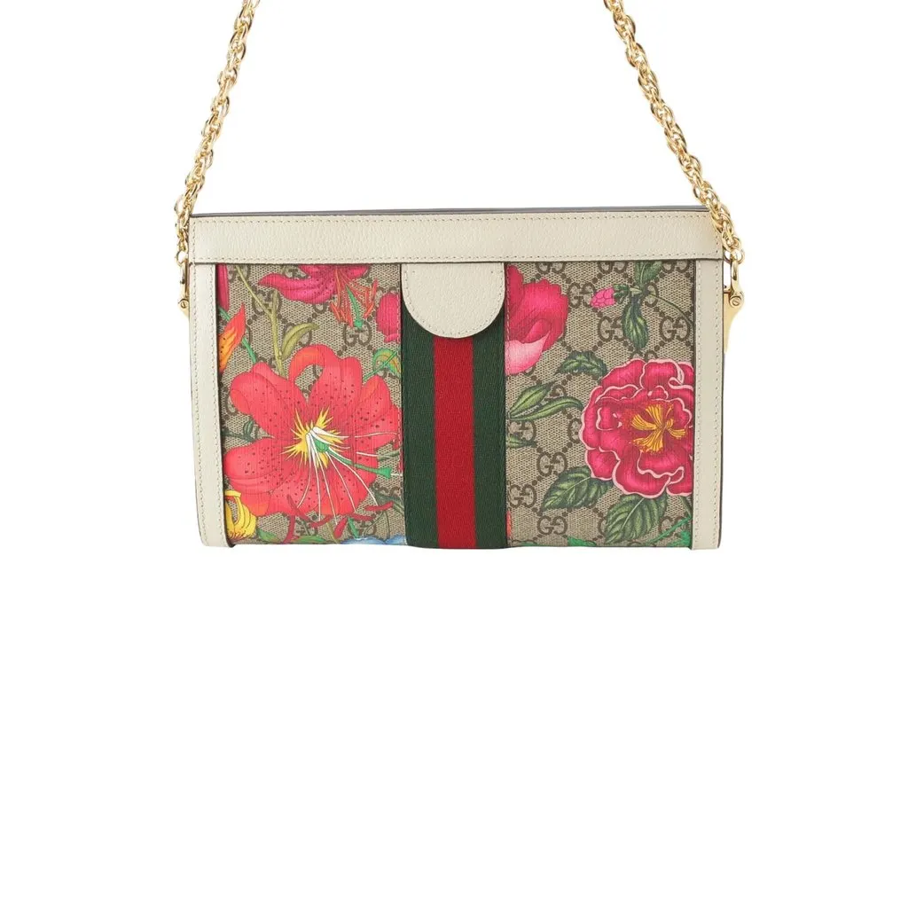 Gucci Small GG Supreme Flora Web Ophidia Chain Crossbody Beige Very good - Back View