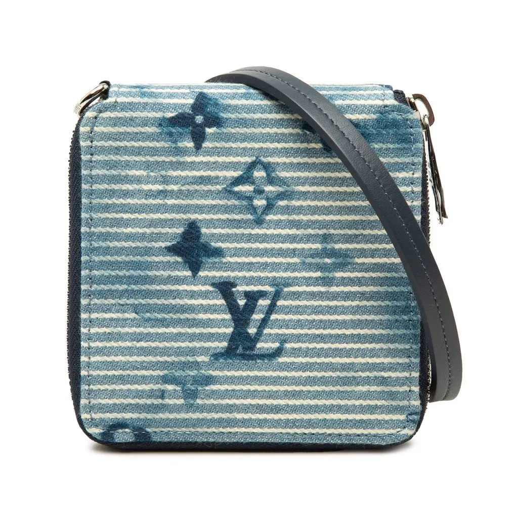Louis Vuitton Monogram Denim Watercolor Hickory Stripes Compact Wallet on Strap Blue Denim Very good - Front View