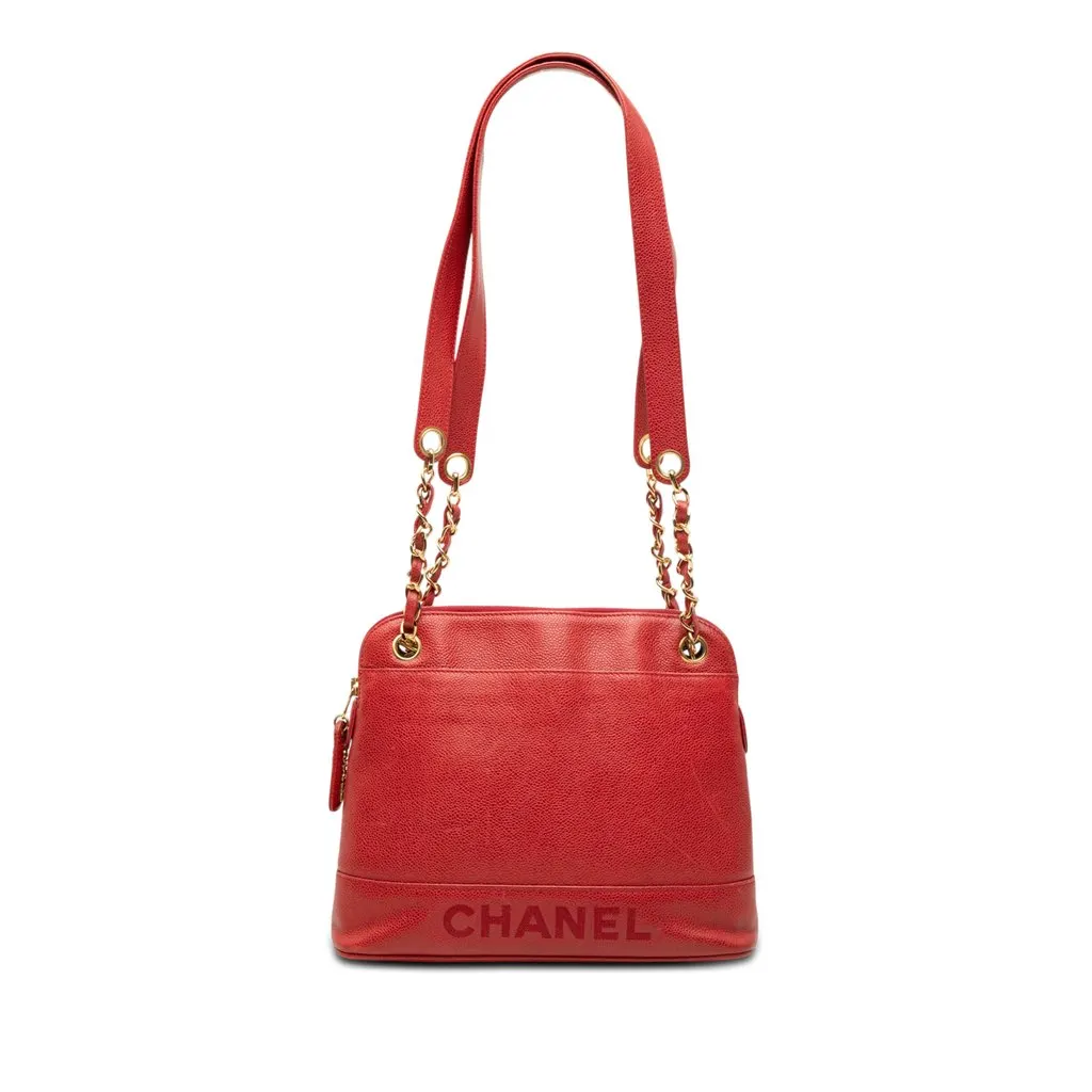 Chanel Caviar Logo Chain Shoulder Bag Red Leather Very good - Front View