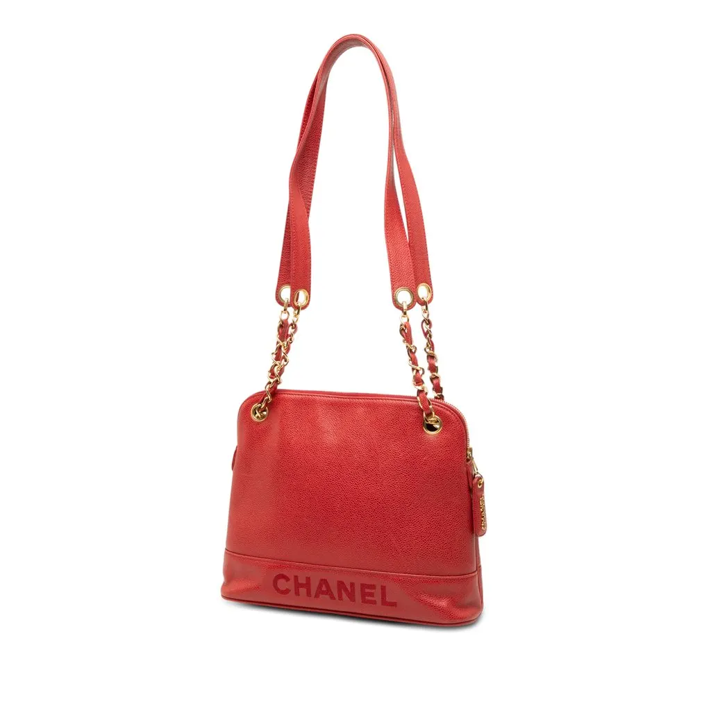 Chanel Caviar Logo Chain Shoulder Bag Red Leather Very good - Back View