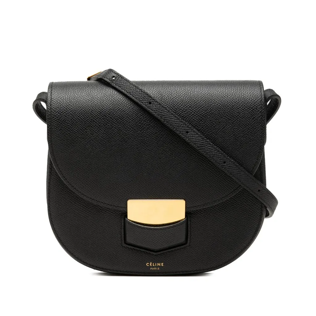 Celine Small Grained Calfskin Trotteur Crossbody Black Leather Good - Front View