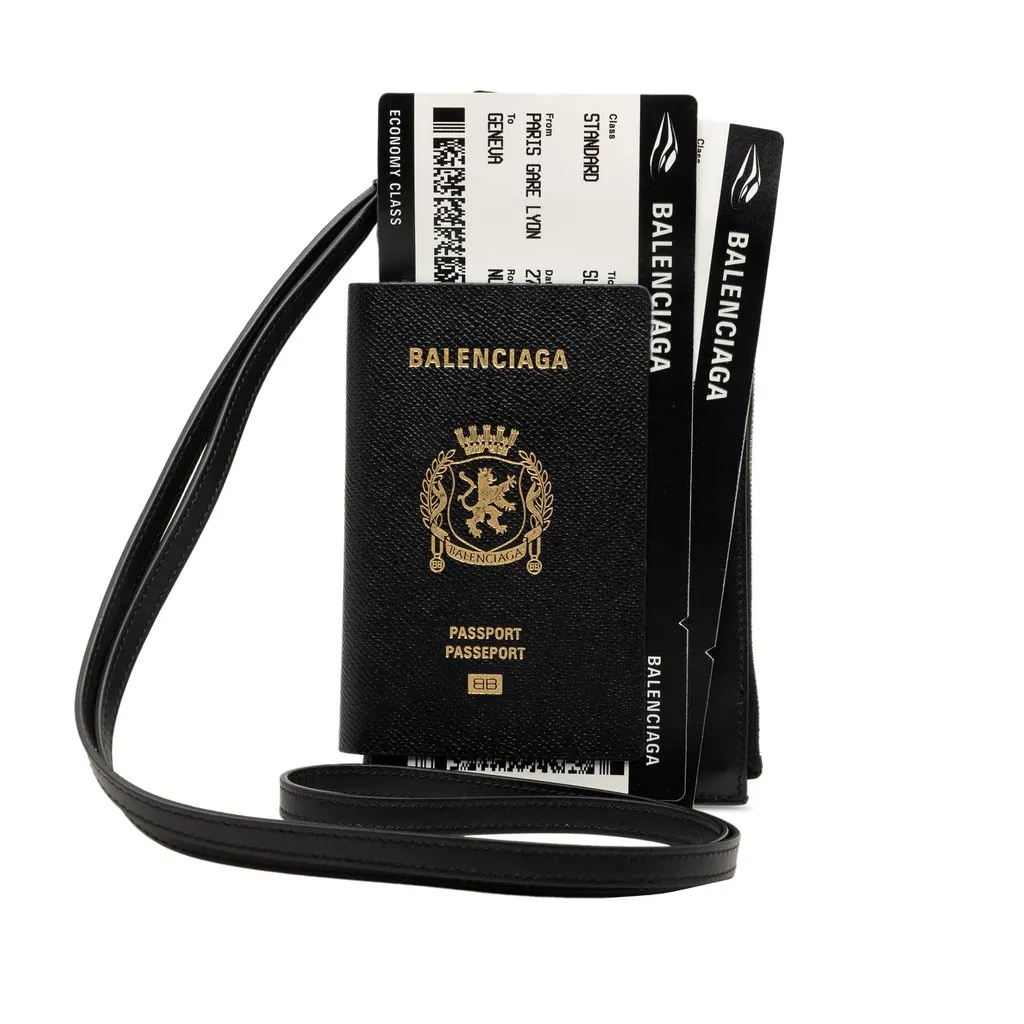 Balenciaga Leather Passport Phone Case Holder Black Leather Good - Front View