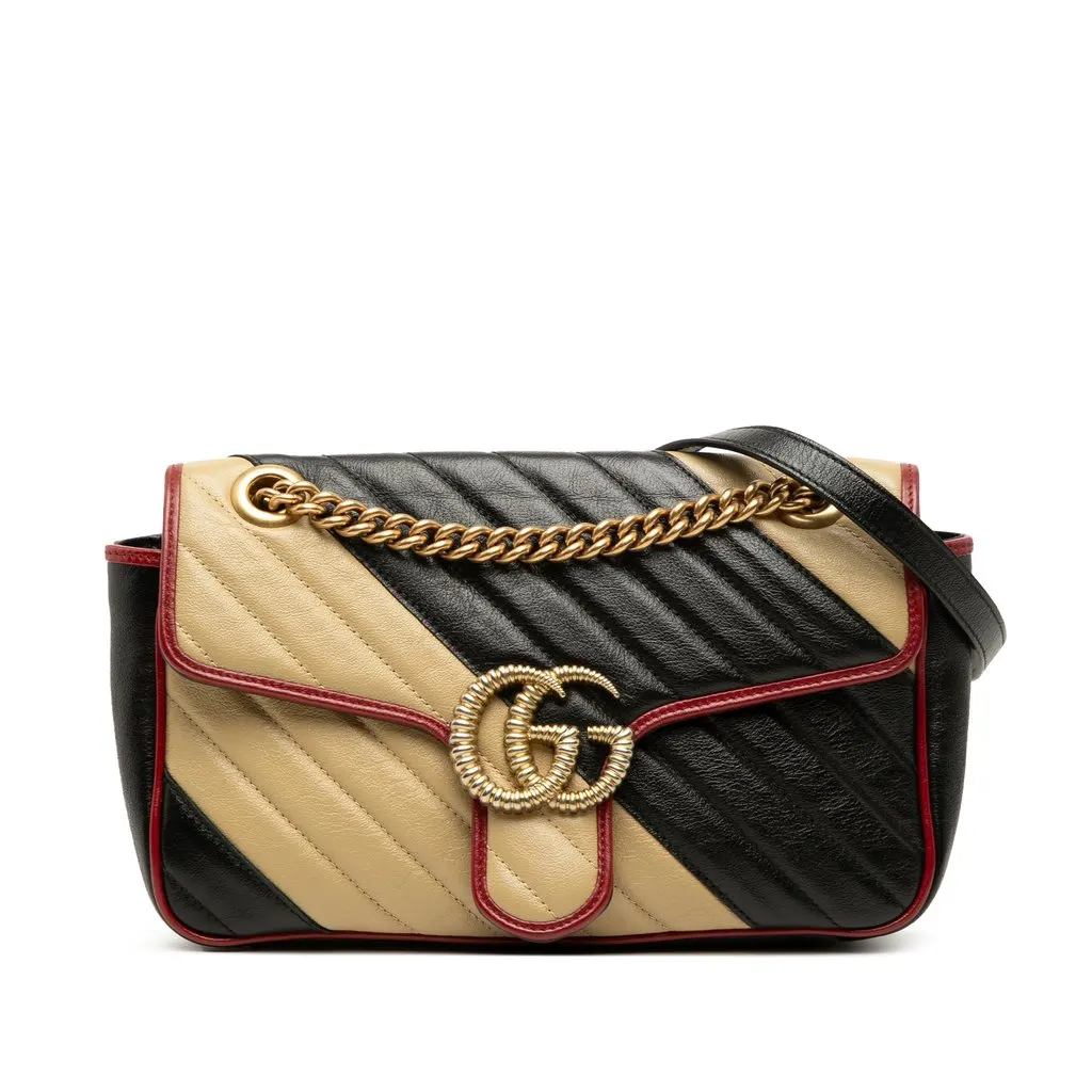 Gucci Medium GG Marmont Bicolor Matelasse Diagonal Calfskin Torchon Shoulder Bag Black Leather Very good - Front View