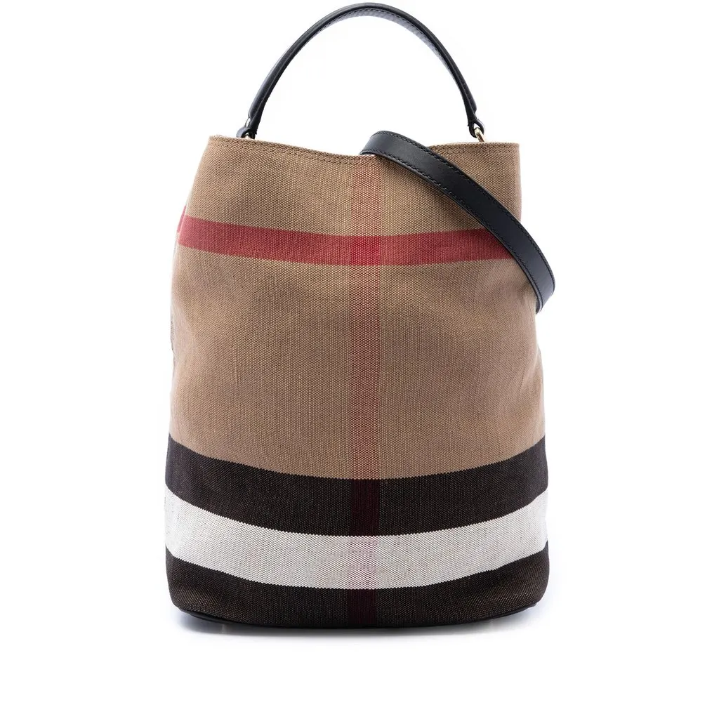 Burberry Medium Mega Check Canvas Ashby Bucket Bag Brown Canvas Very good - Front View