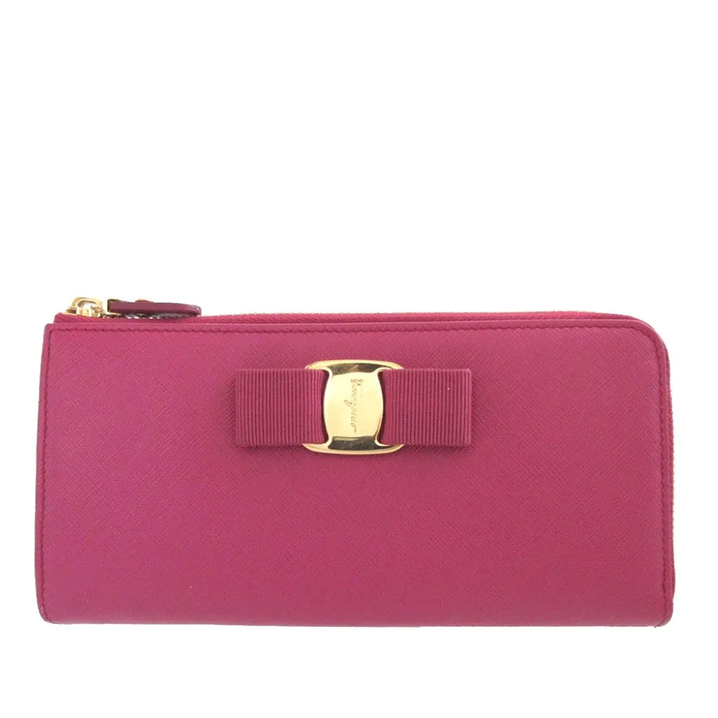 Salvatore Ferragamo Leather Vara Bow Zip Long Wallet Pink Leather Very good - Front View