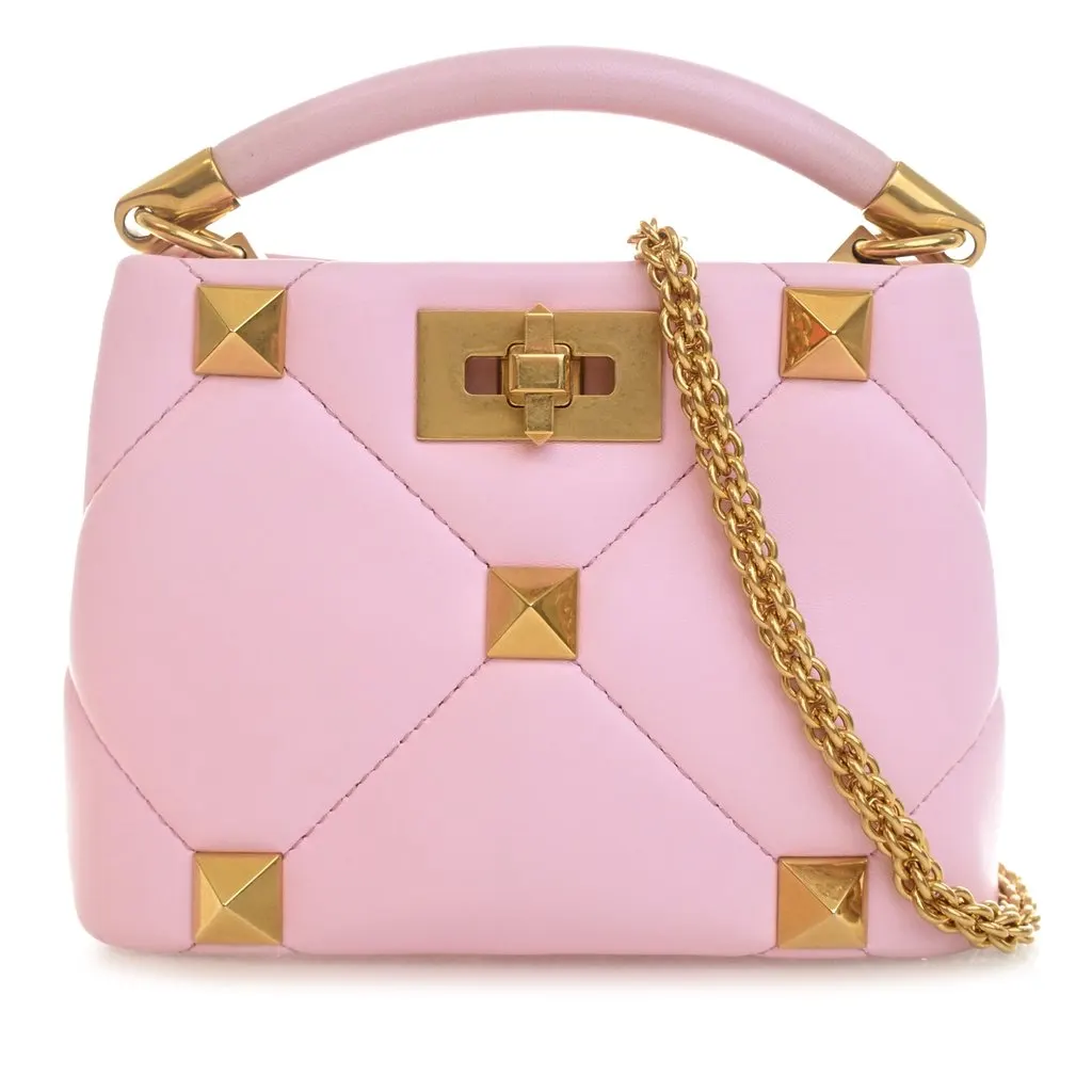 Valentino Small Nappa Roman Stud The Handle Bag Pink Leather Very good - Front View