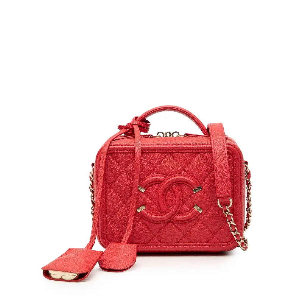 Chanel Small Caviar CC Filigree Vanity Case Red Leather Very good - Front View