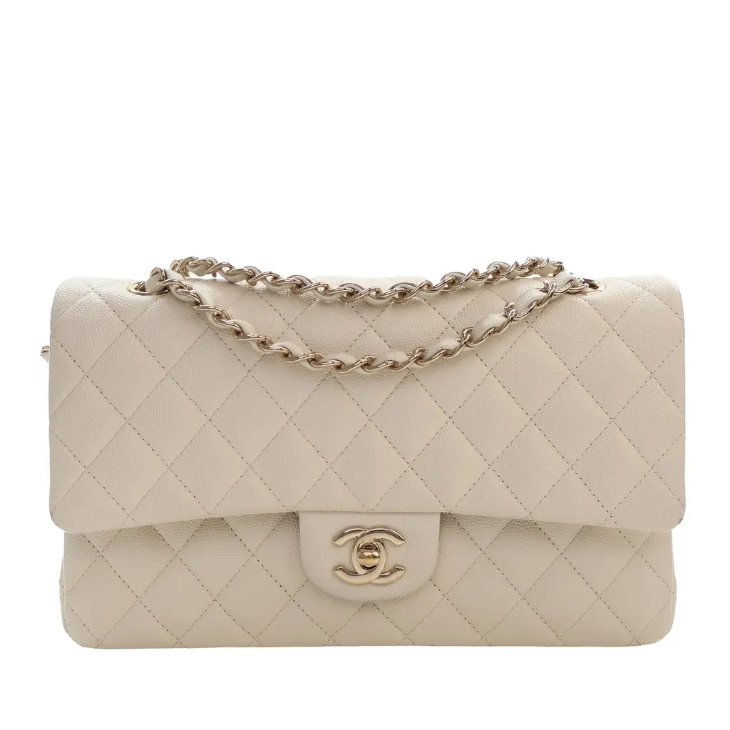 Chanel Medium Classic Caviar Double Flap White Leather Very good - Front View