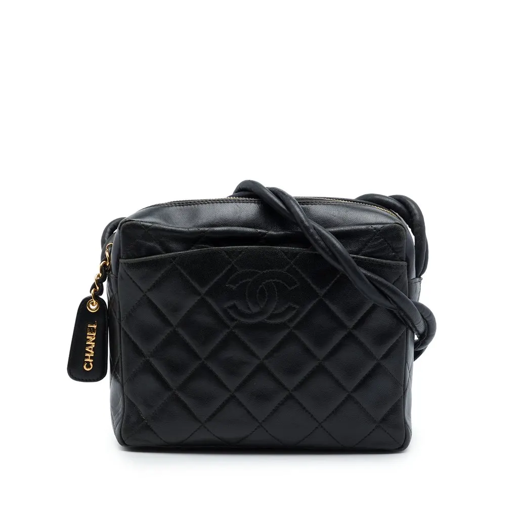 Chanel CC Quilted Lambskin Twisted Strap Crossbody Black Leather Very good - Front View