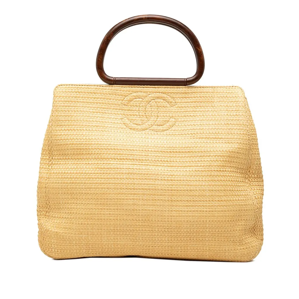 Chanel CC Raffia Wood Top Handle Tote Beige Very good - Front View
