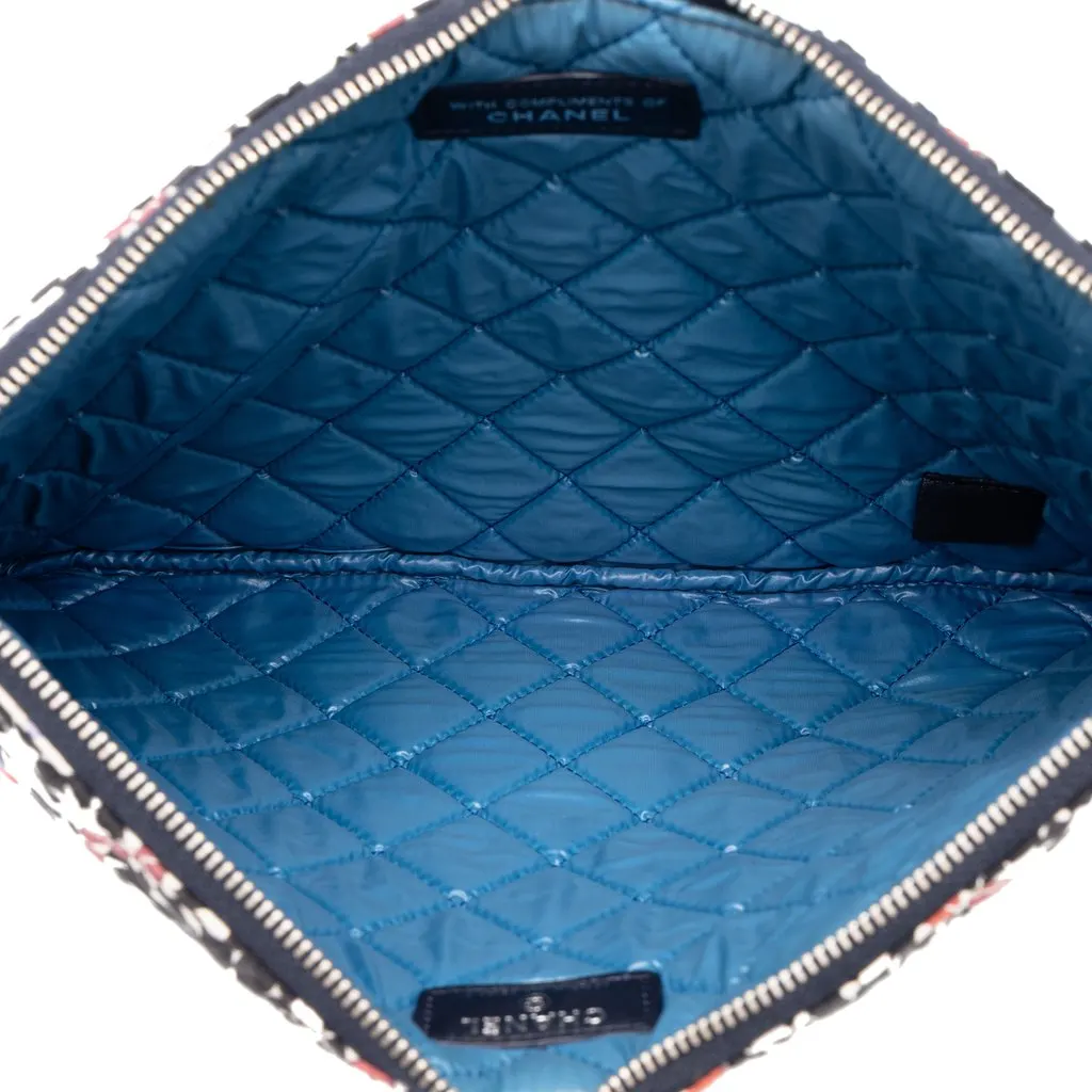 Chanel Paris Dubai Medium Quilted Printed Canvas O Case Clutch White Canvas Good - Model View
